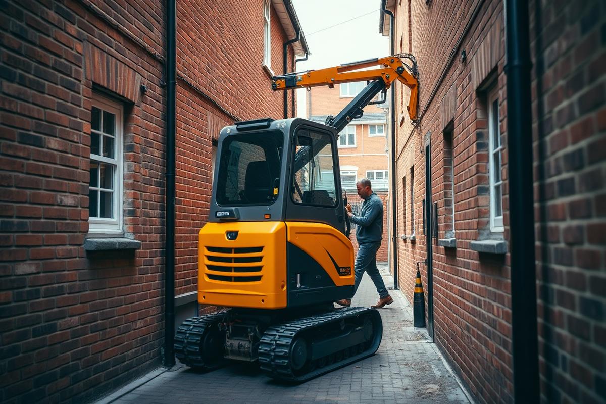 Compactkraan rijdt door een smalle doorgang naar de opstelplaats